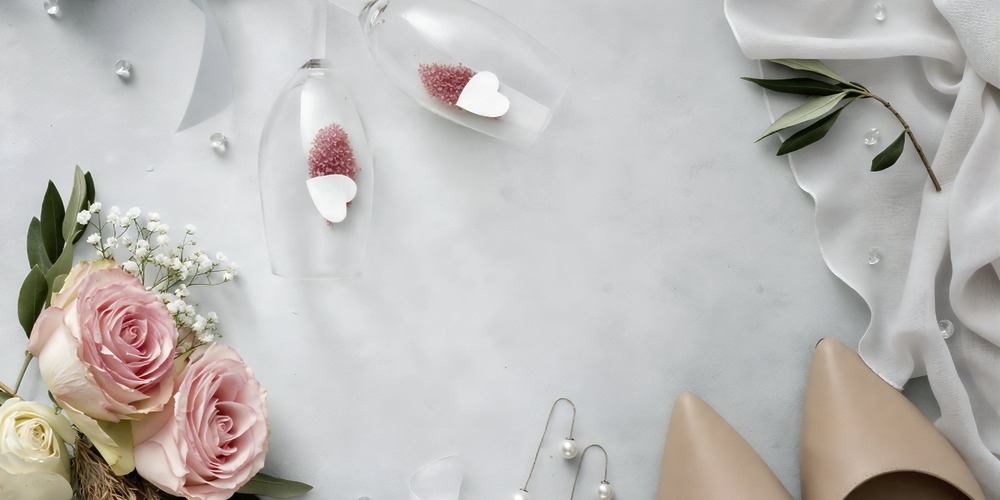 Pink roses, champagne glasses, heart-shaped accents, and beige heels are elegantly arranged on a light marble surface—perfect details for a dreamy destination wedding.
