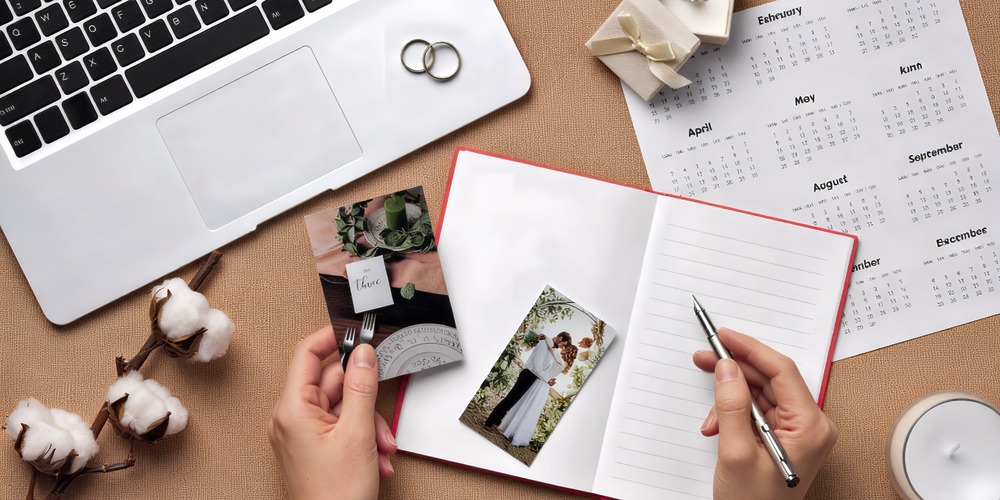 A hand holding a pen is poised over an open notebook on a desk, surrounded by wedding photos, a laptop, and a calendar—capturing the planning process for an unforgettable destination wedding.