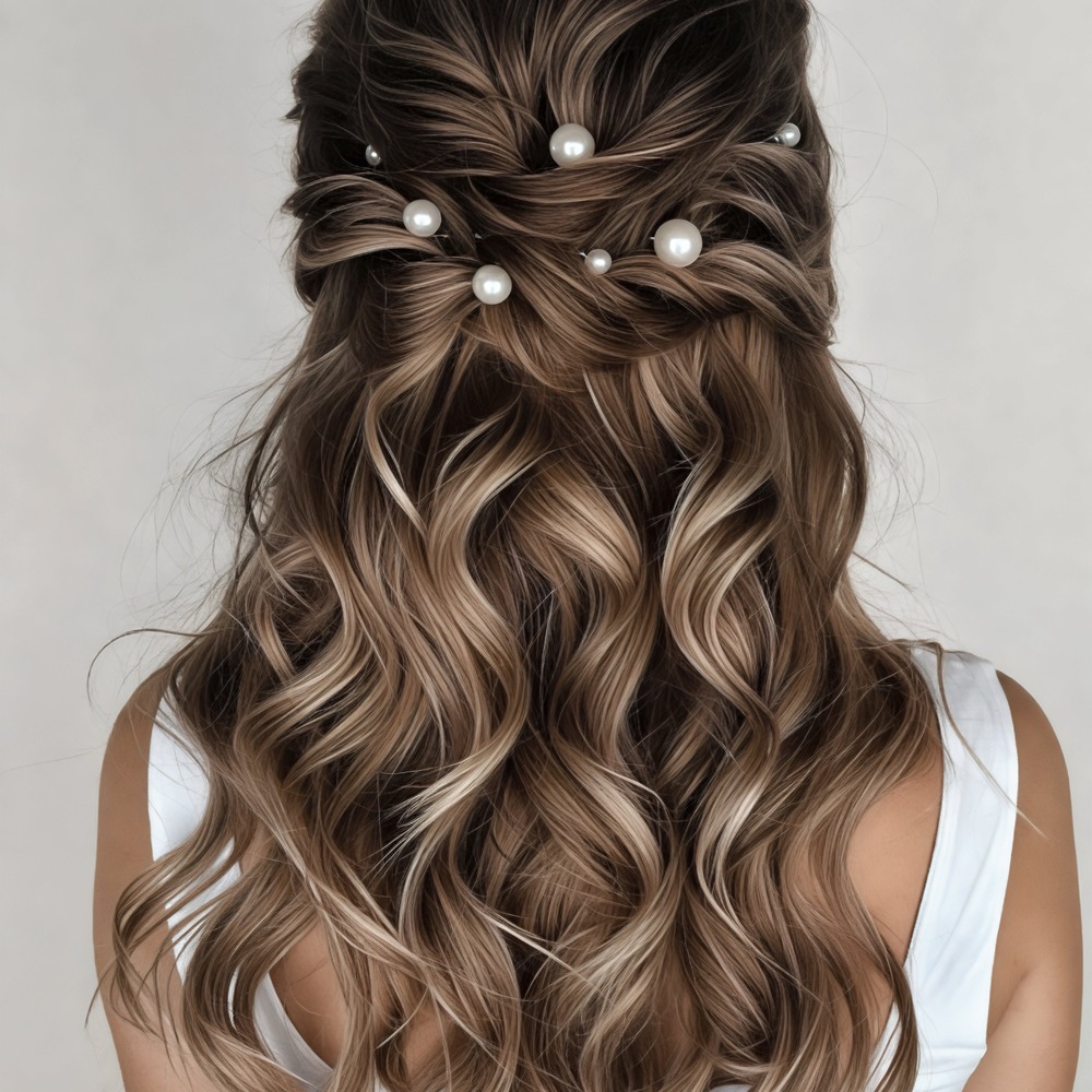 A woman with wavy brown hair styled in beautiful braids, adorned with small white pearls—perfect inspiration for a wedding or a dreamy destination wedding hairstyle.