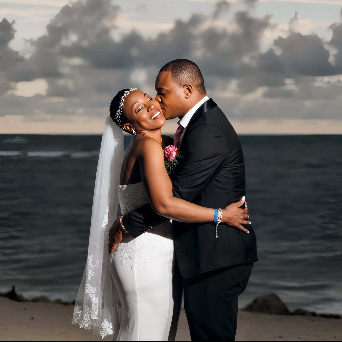 Natoya and Katrina smile and embrace on a beach, the ocean and clouds behind them, capturing a joyful moment at their destination wedding.
