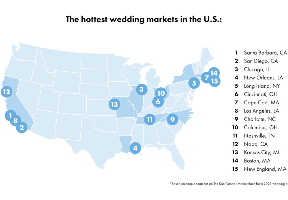 Map of the U.S. highlighting the top 15 hottest wedding destinations, each indicated by a numbered circle.