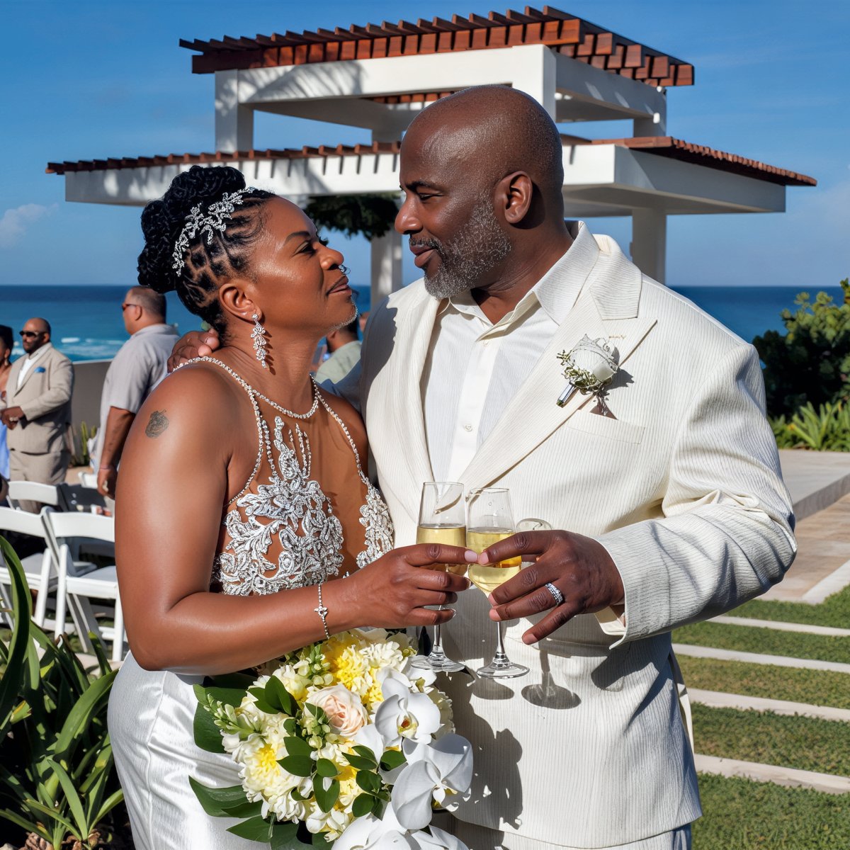 Khadijah and Oscar, both dressed in white, smile joyfully as they toast with champagne at their beautiful outdoor destination wedding.