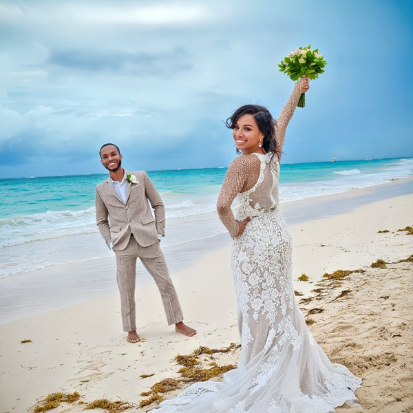 Trey and Kimberly beaming on a sandy beach with the ocean behind them, capturing a joyful moment from their destination wedding.