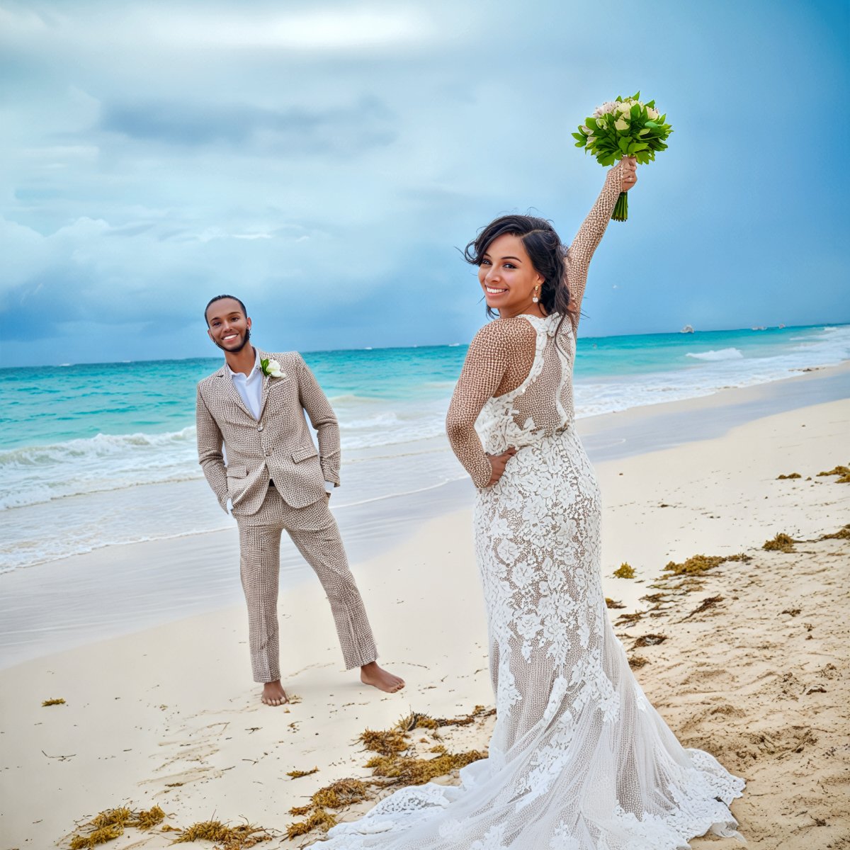 Trey and Kimberly beaming on a sandy beach with the ocean behind them, capturing a joyful moment from their destination wedding.