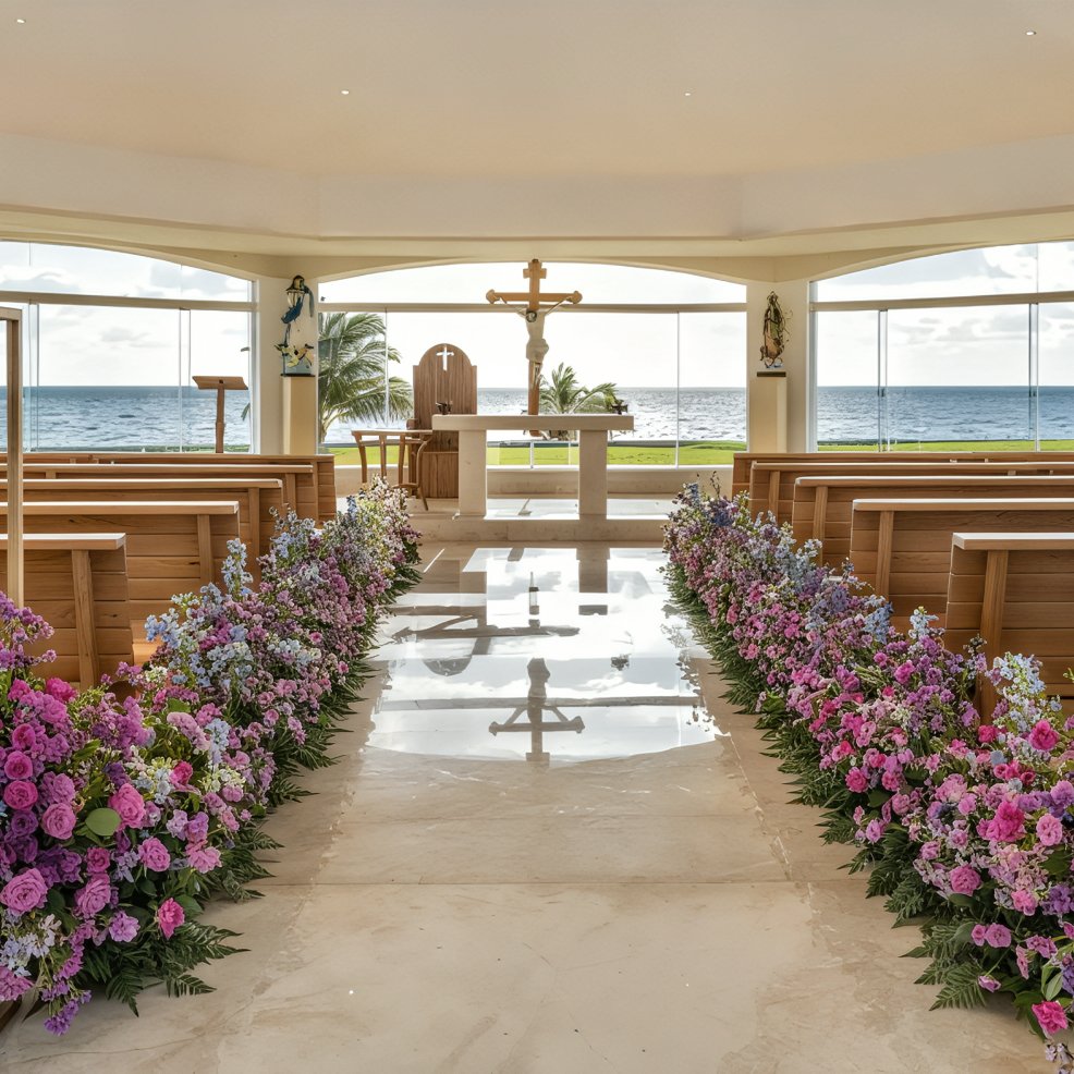 A beautiful wedding chapel featuring floral aisle arrangements and sweeping ocean views framed by expansive windows behind the altar—perfect for a destination wedding.