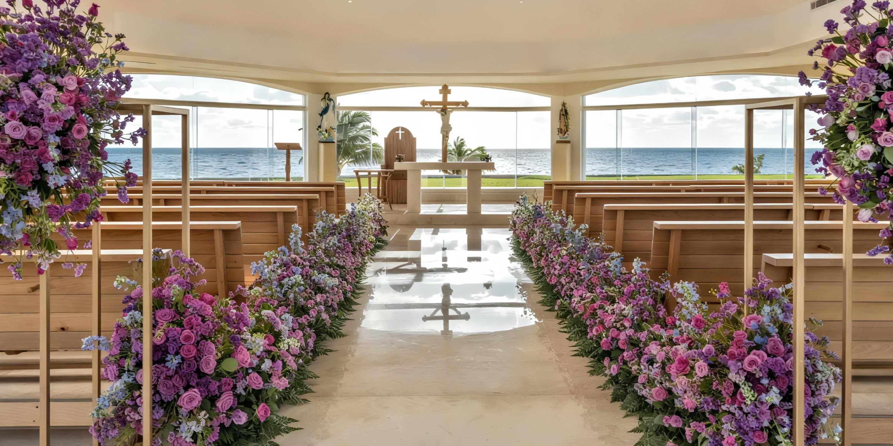 A beautiful wedding chapel with wooden pews and vibrant purple flowers at Moon Palace Nizuc, overlooking the ocean—an idyllic setting for a destination wedding.