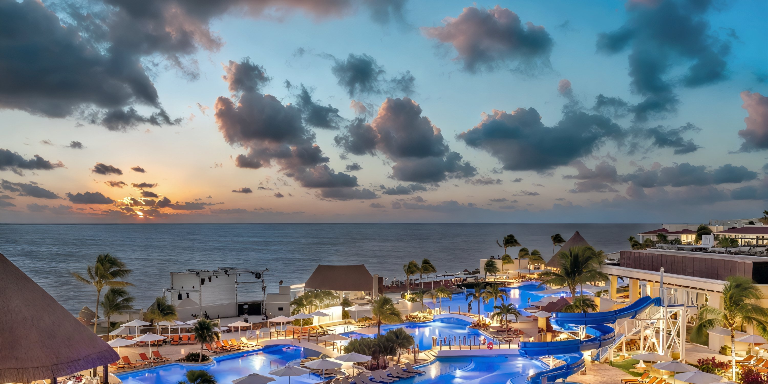 The Moon Palace Nizuc pool, featuring water slides, offers a stunning sunset view by the ocean beneath cloudy skies—an enchanting setting for a destination wedding.