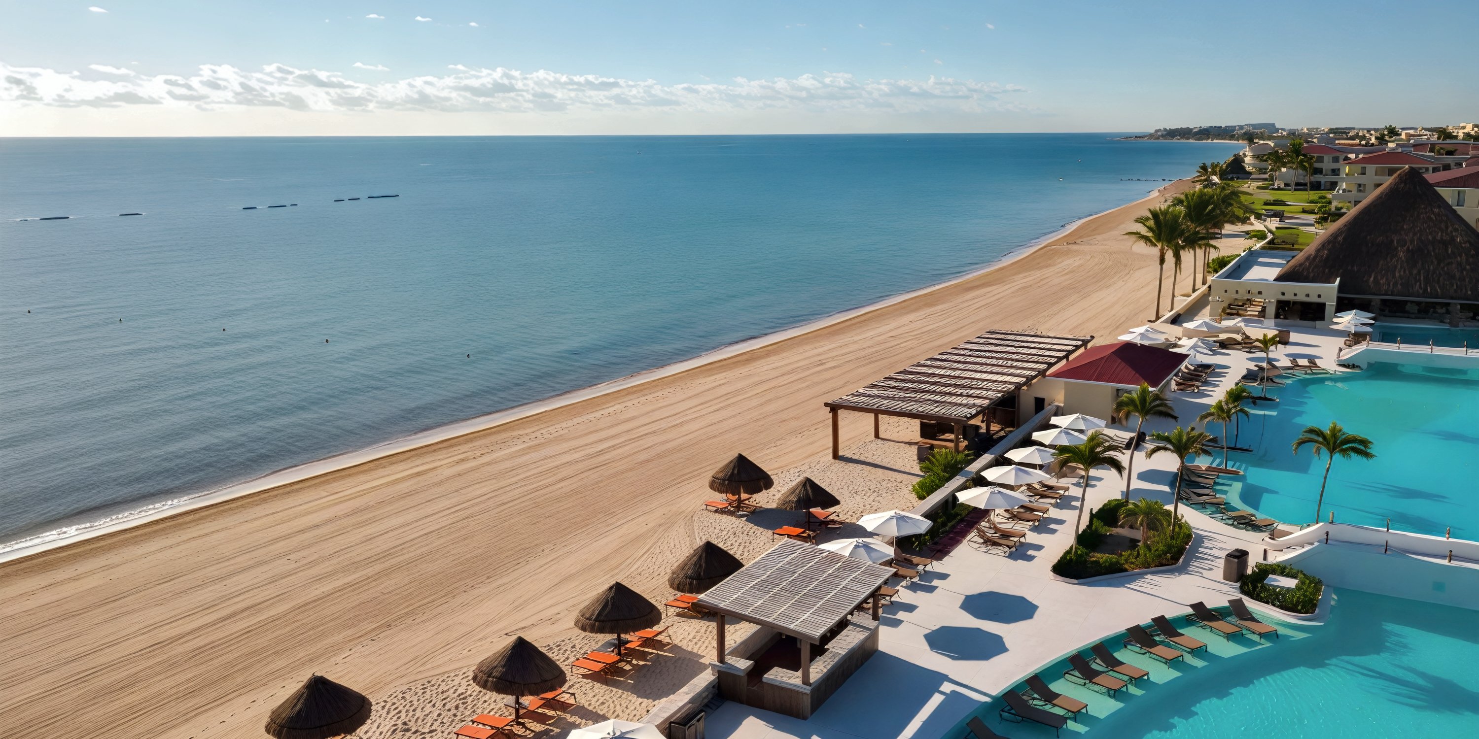 Aerial view of Moon Palace Nizuc resort, featuring a stunning pool, lounge chairs, and thatched umbrellas by the ocean—an ideal setting for a romantic destination wedding.