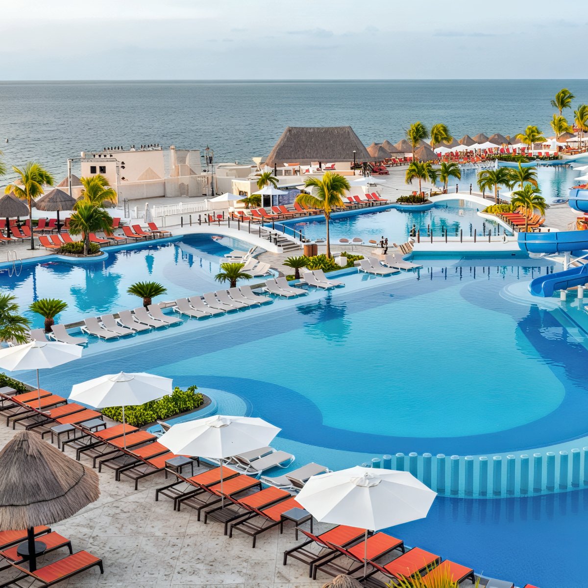 The spacious pool at Moon Palace Nizuc—with loungers, umbrellas, swaying palms, and stunning ocean views—offers an idyllic setting for a destination wedding or relaxing with loved ones after your special day.