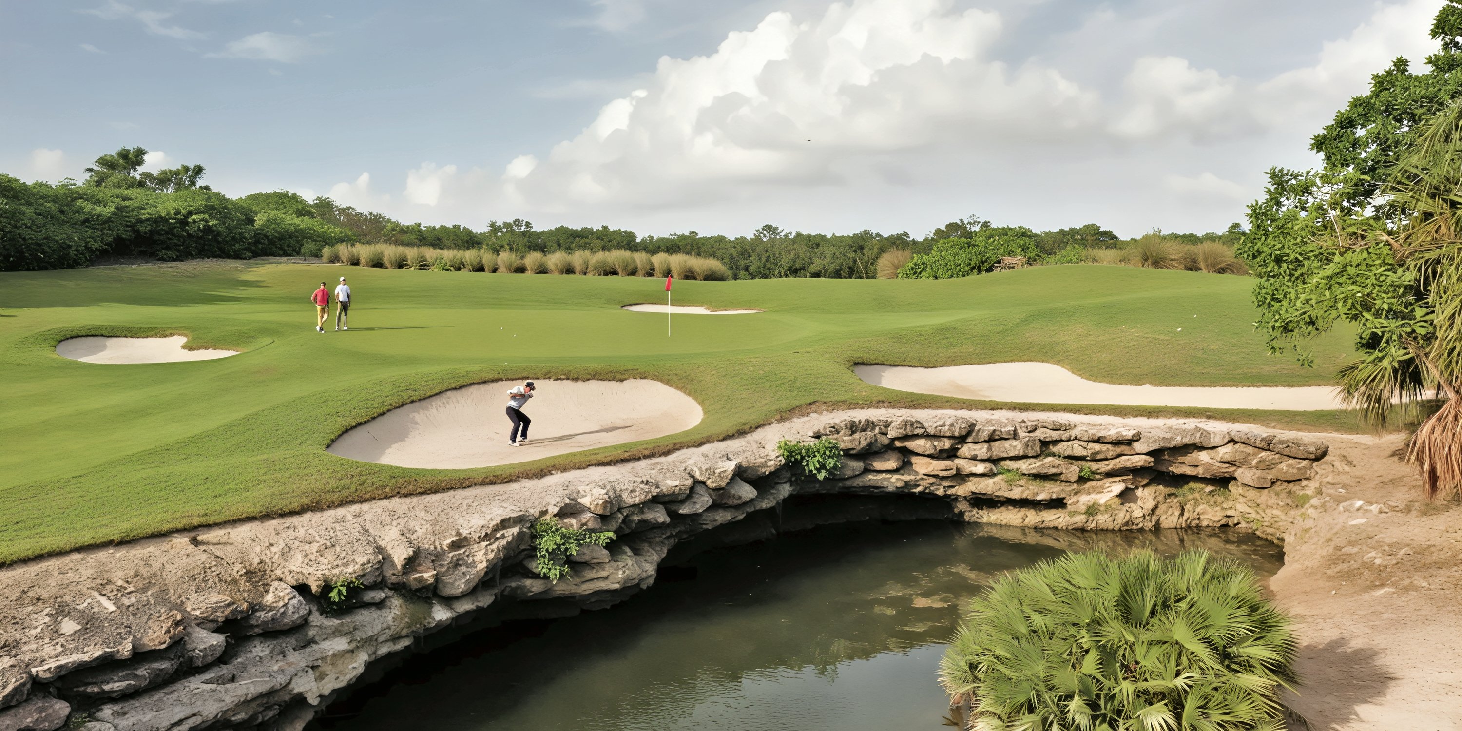 A golfer takes a shot from a sand bunker at Moon Palace Nizuc, with a scenic pond and lush green in the background—a picturesque setting that's also perfect for a destination wedding.