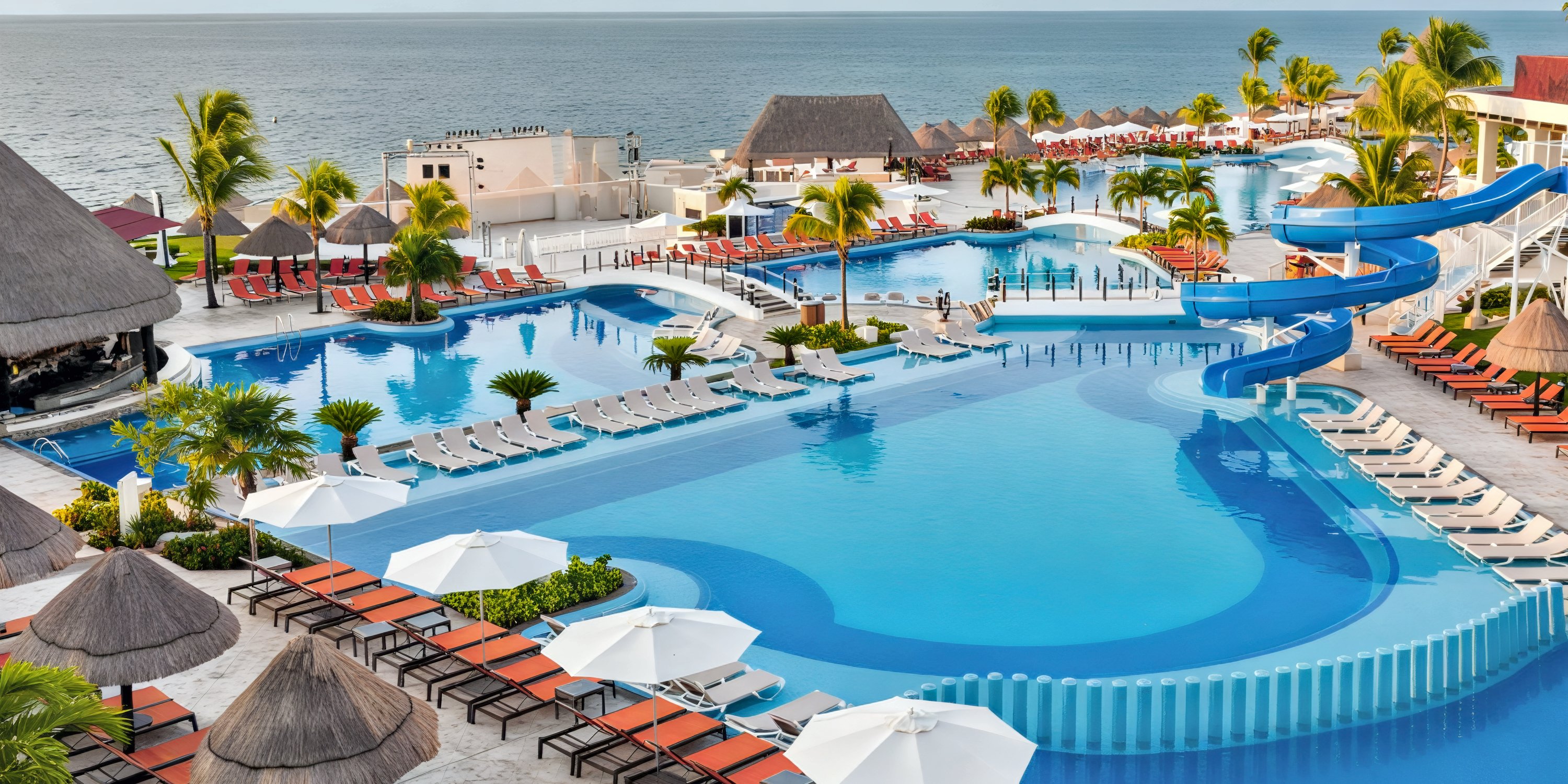 Moon Palace Nizuc: the perfect destination wedding venue, featuring a stunning resort pool with lounge chairs, thrilling water slides, and breathtaking ocean views.