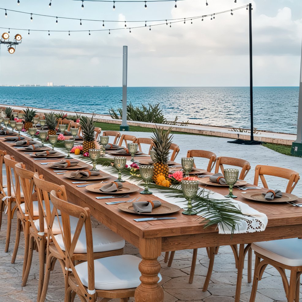 A long wooden table set for a wedding meal by the sea, beautifully decorated with pineapples and lush greenery—perfect for a stunning destination wedding celebration.