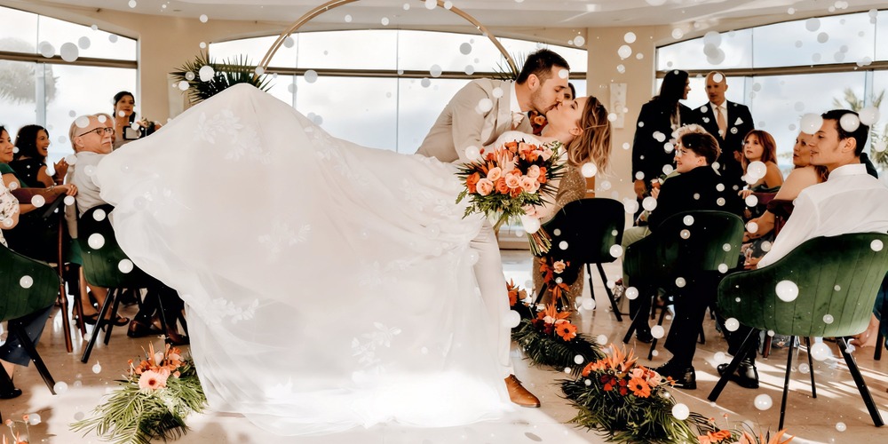 A bride and groom share a kiss on the dance floor during their destination wedding at Moon Palace Nizuc, surrounded by guests.