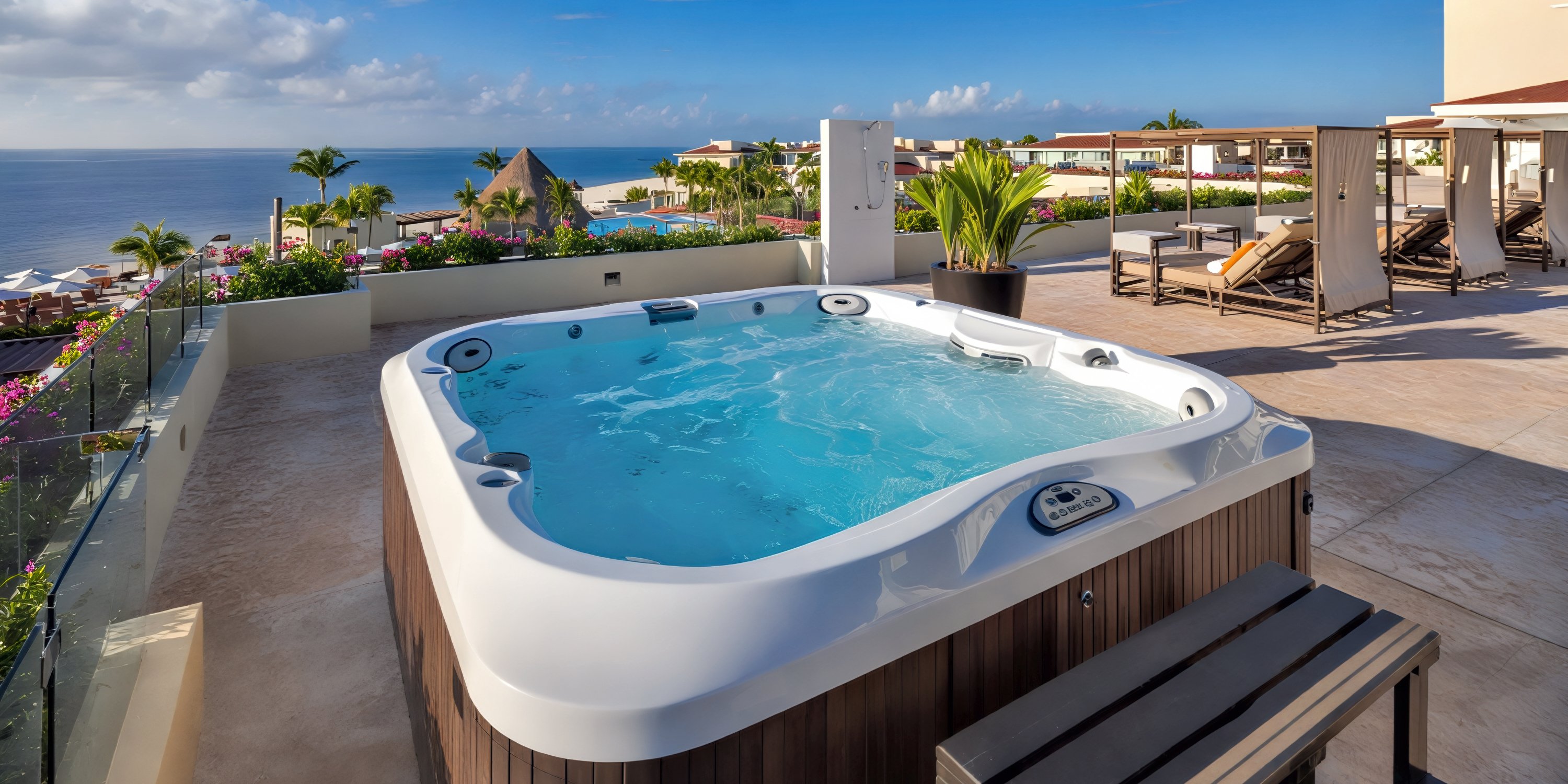 Terrace hot tub at Moon Palace Nizuc, featuring a pool, lounge chairs, and breathtaking ocean views under a blue sky—an ideal setting for your destination wedding.