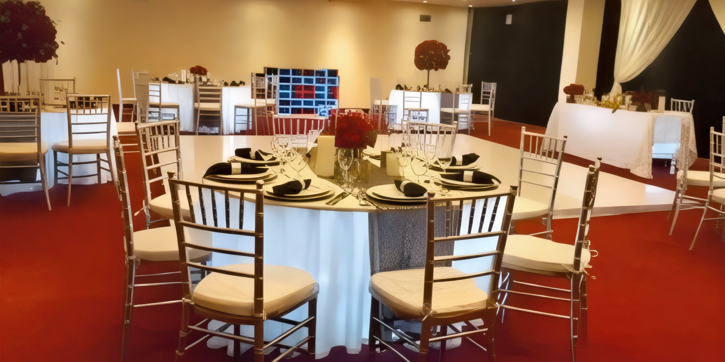 Wedding reception table setup at Ocean Maya Royale: elegant white tablecloth, black napkins, and a striking red floral centerpiece—perfect for your destination wedding celebration.