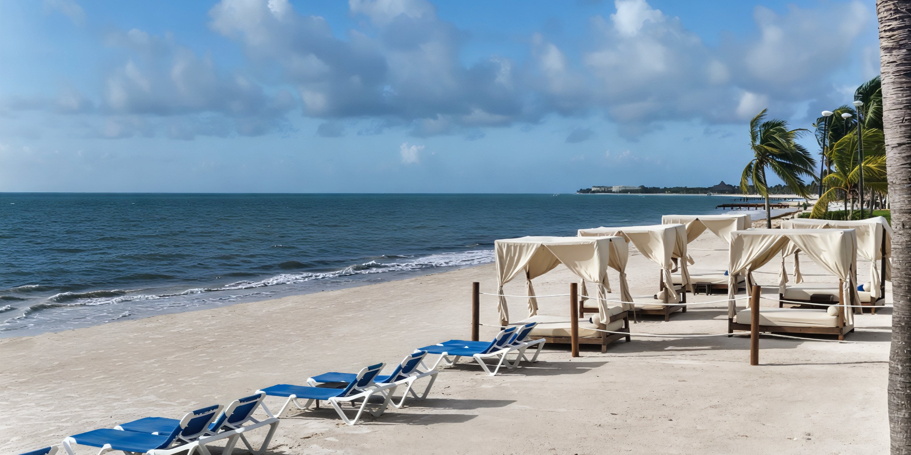 Lounge chairs and cabanas line the beach at Ocean Coral and Turquesa, creating a picturesque setting for a destination wedding under a partly cloudy sky.