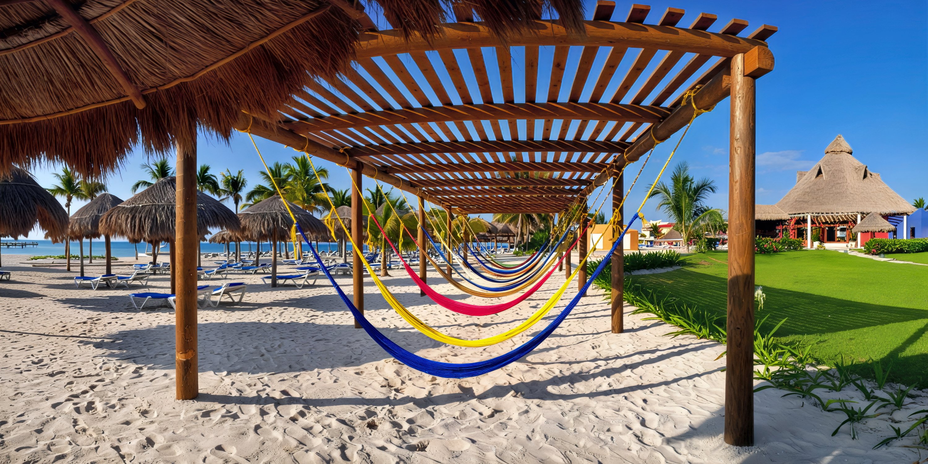 Hammocks sway beneath a pergola on the sandy beach at Ocean Coral and Turquesa, creating the perfect relaxing spot for a destination wedding.