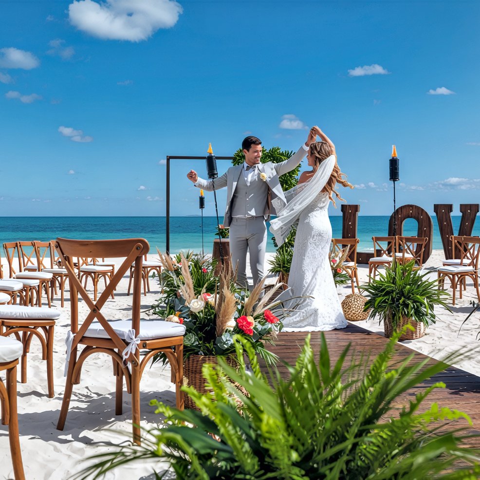 The bride and groom share a dance on the beautifully decorated beach during their destination wedding ceremony by the sea.