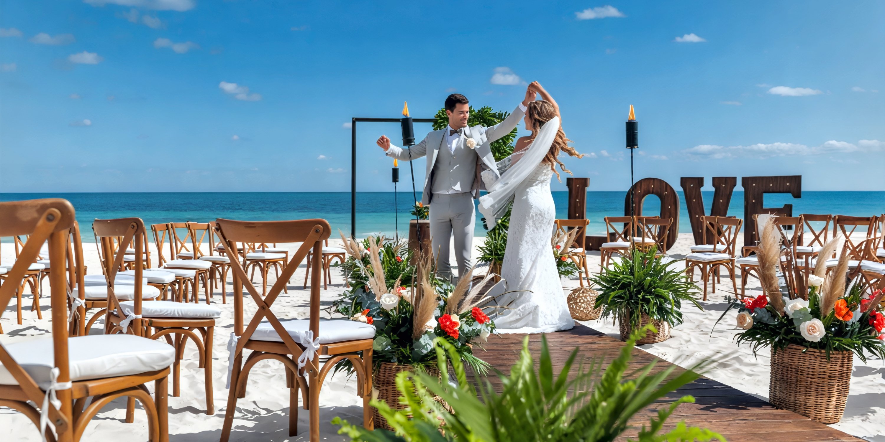 The bride and groom share their first dance at a beautiful destination wedding on the beach at Ocean Coral and Turquesa, surrounded by elegant chairs and a glowing LOVE sign.