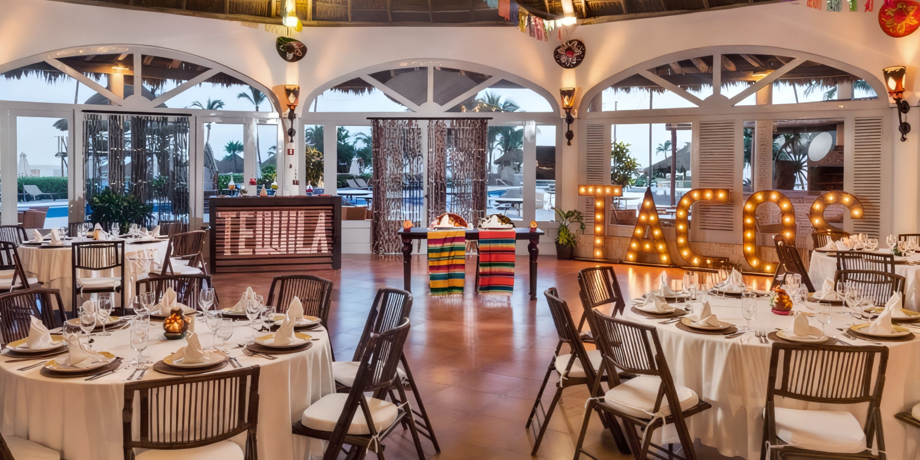Experience festive dining at Ocean Maya Royale, featuring round tables and lively “TEQUILA” & “TACOS” signs—perfect for a wedding celebration or an unforgettable destination wedding reception.