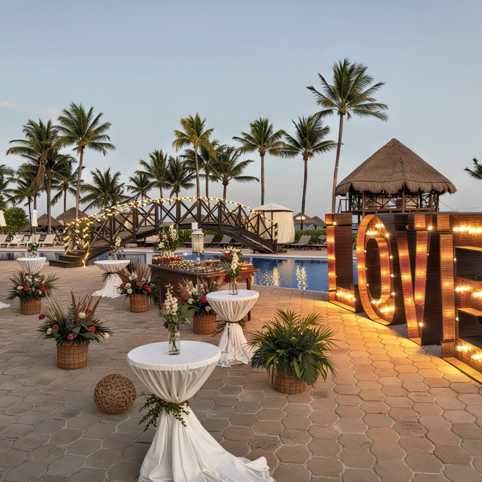 A beautiful destination wedding celebration by the outdoor pool, featuring glowing "LOVE" marquee lights, elegant cocktail tables, and swaying palm trees.