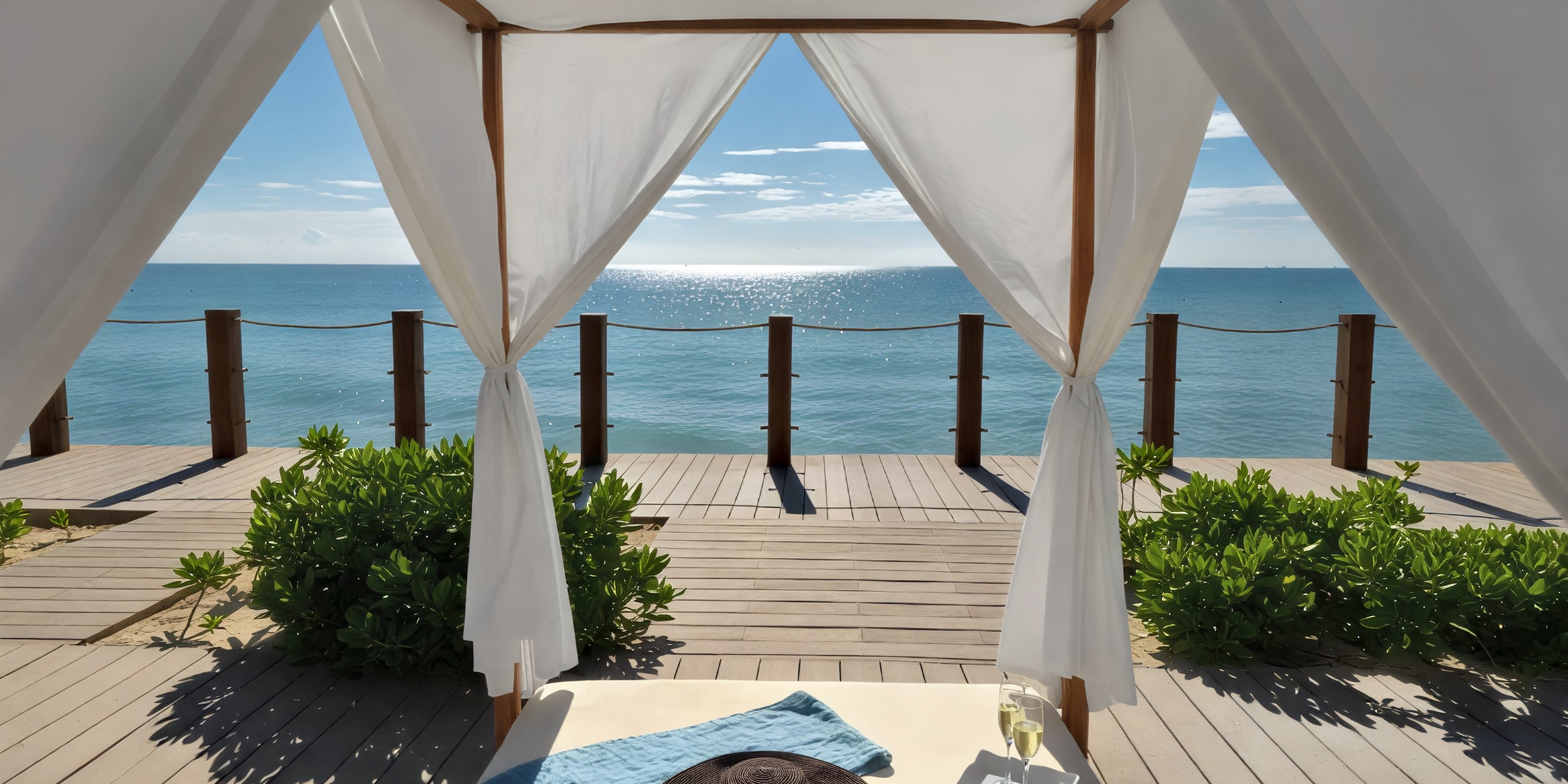 Ocean Coral and Turquesa offers a romantic cabana with flowing white curtains, overlooking the ocean and sky—an idyllic setting for your destination wedding.