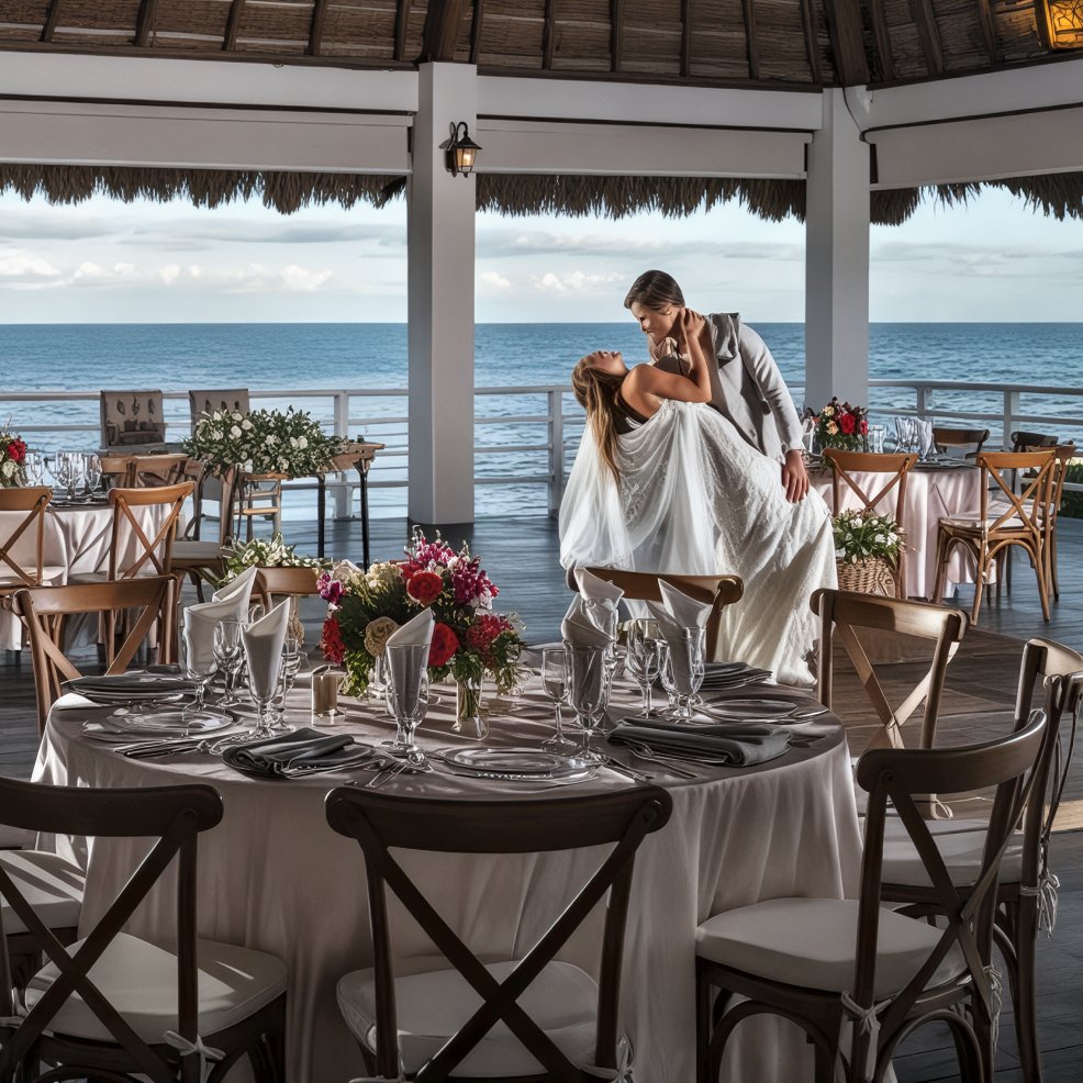 The bride and groom share their first dance in a beautifully decorated seaside pavilion at their destination wedding reception.