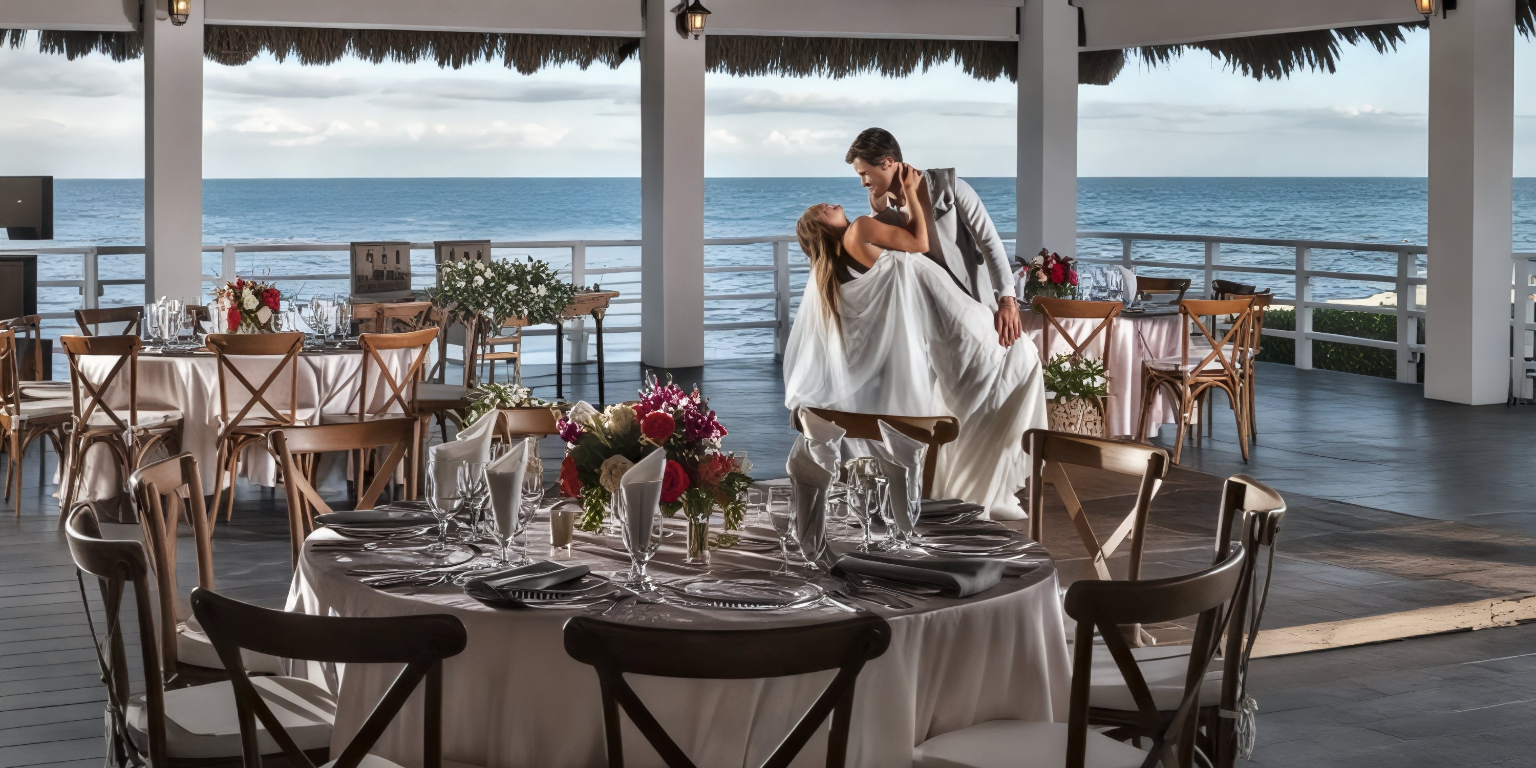 A bride and groom share their first dance at a destination wedding at Ocean Maya Royale, surrounded by beautifully set tables overlooking the ocean.