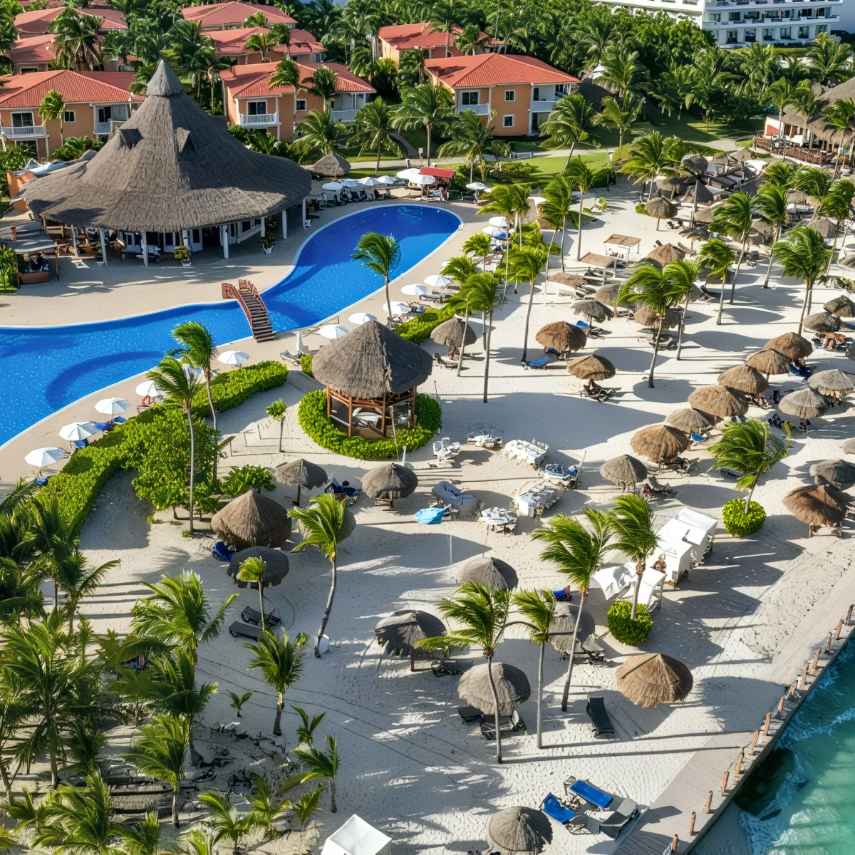Aerial view of Ocean Coral and Turquesa, showcasing the stunning pool area, palm trees, thatched beach umbrellas—an idyllic setting perfect for a destination wedding.