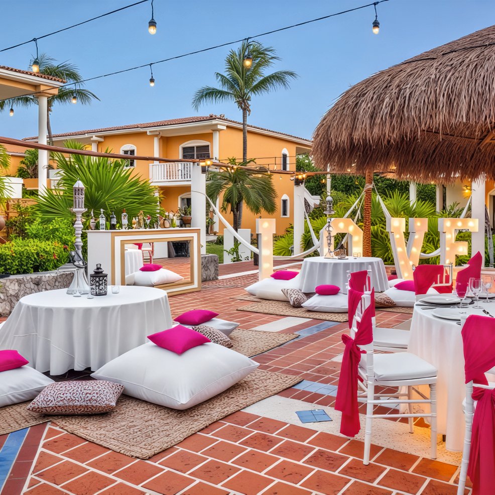 Outdoor patio setup for a wedding or destination wedding, featuring tables, comfortable cushions, and large illuminated LOVE letters.