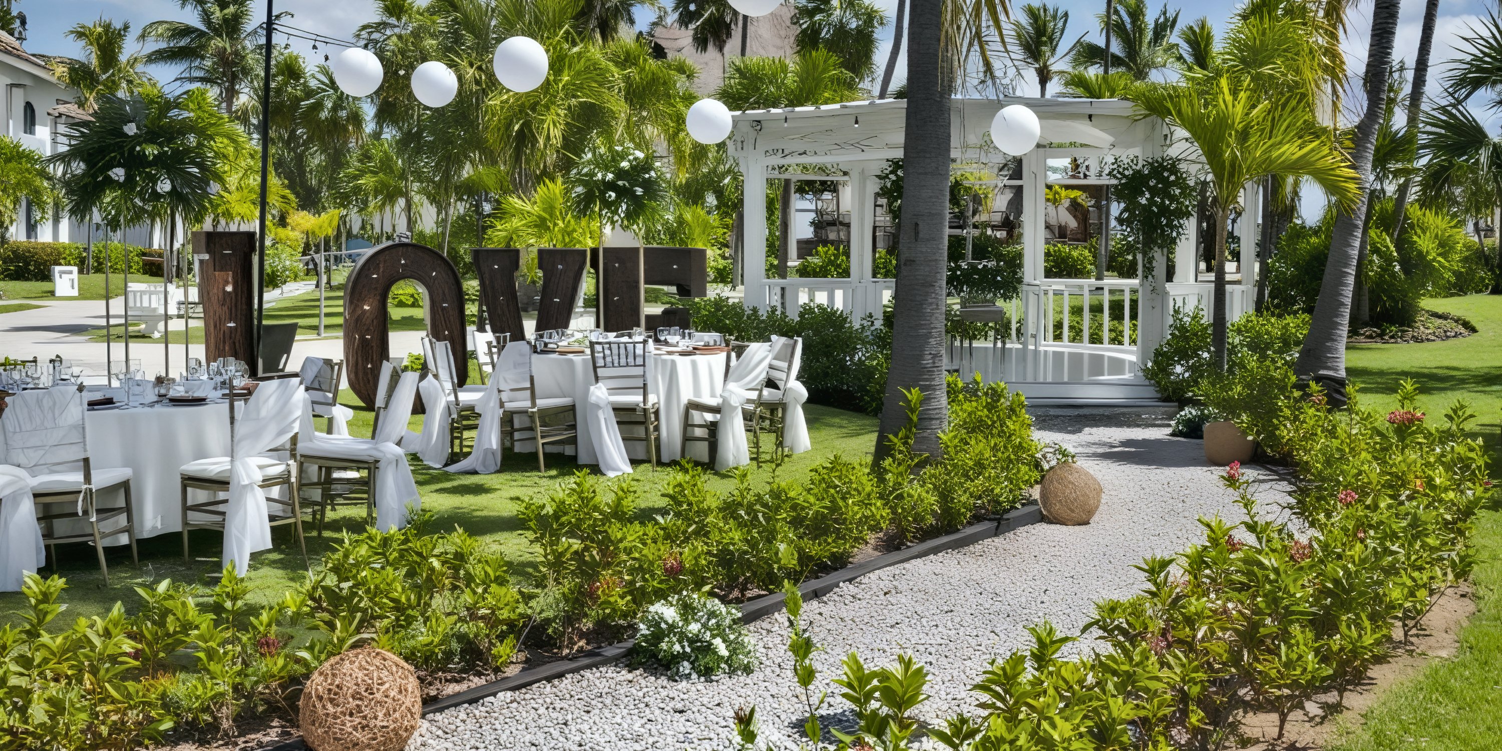 Ocean Maya Royale destination wedding featuring beautifully decorated tables, a charming gazebo, and a large illuminated "LOVE" sign set outdoors.