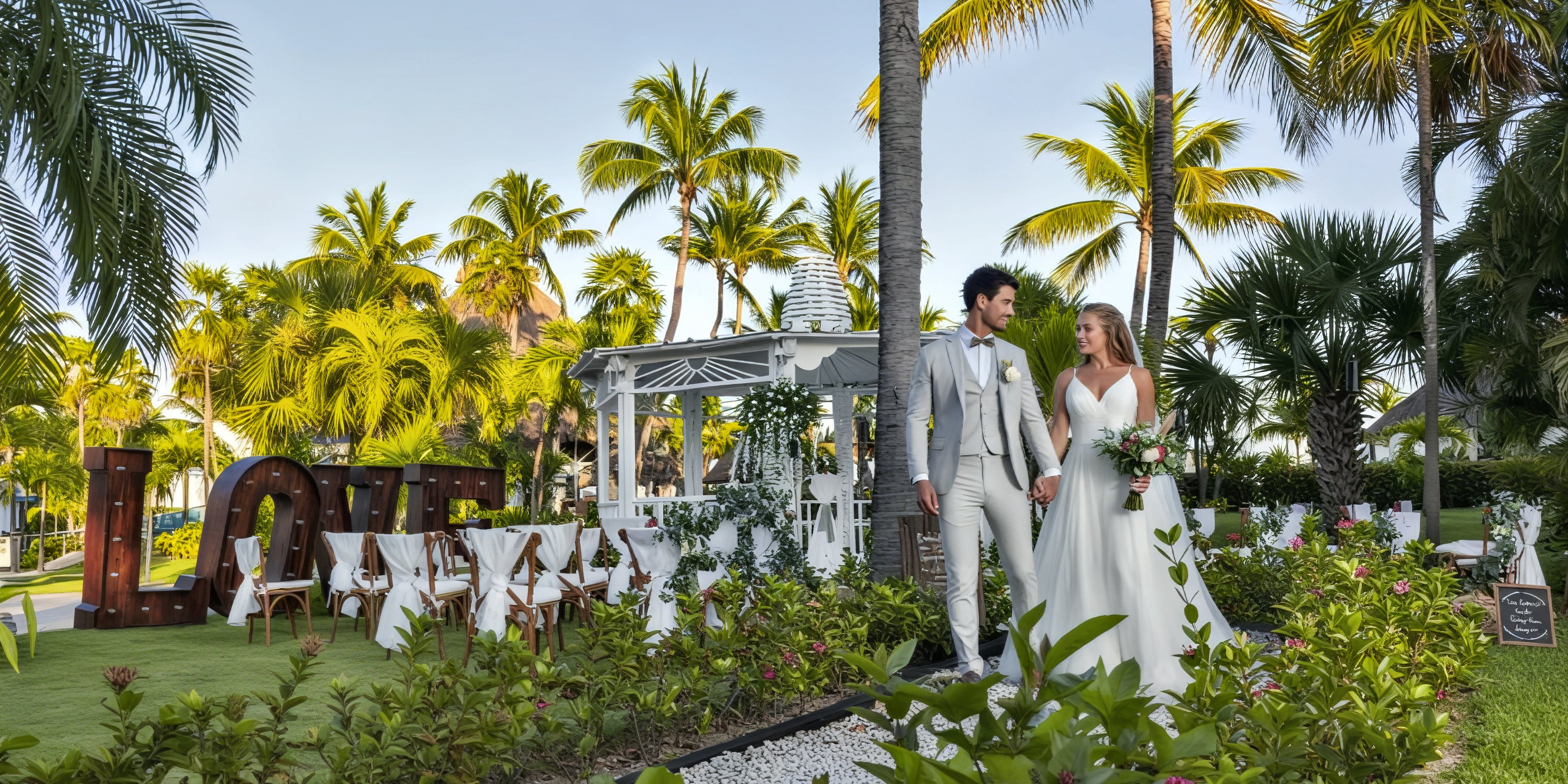 The bride and groom walk hand in hand at Ocean Maya Royale, a stunning destination wedding venue adorned with palm trees and a glowing LOVE sign.