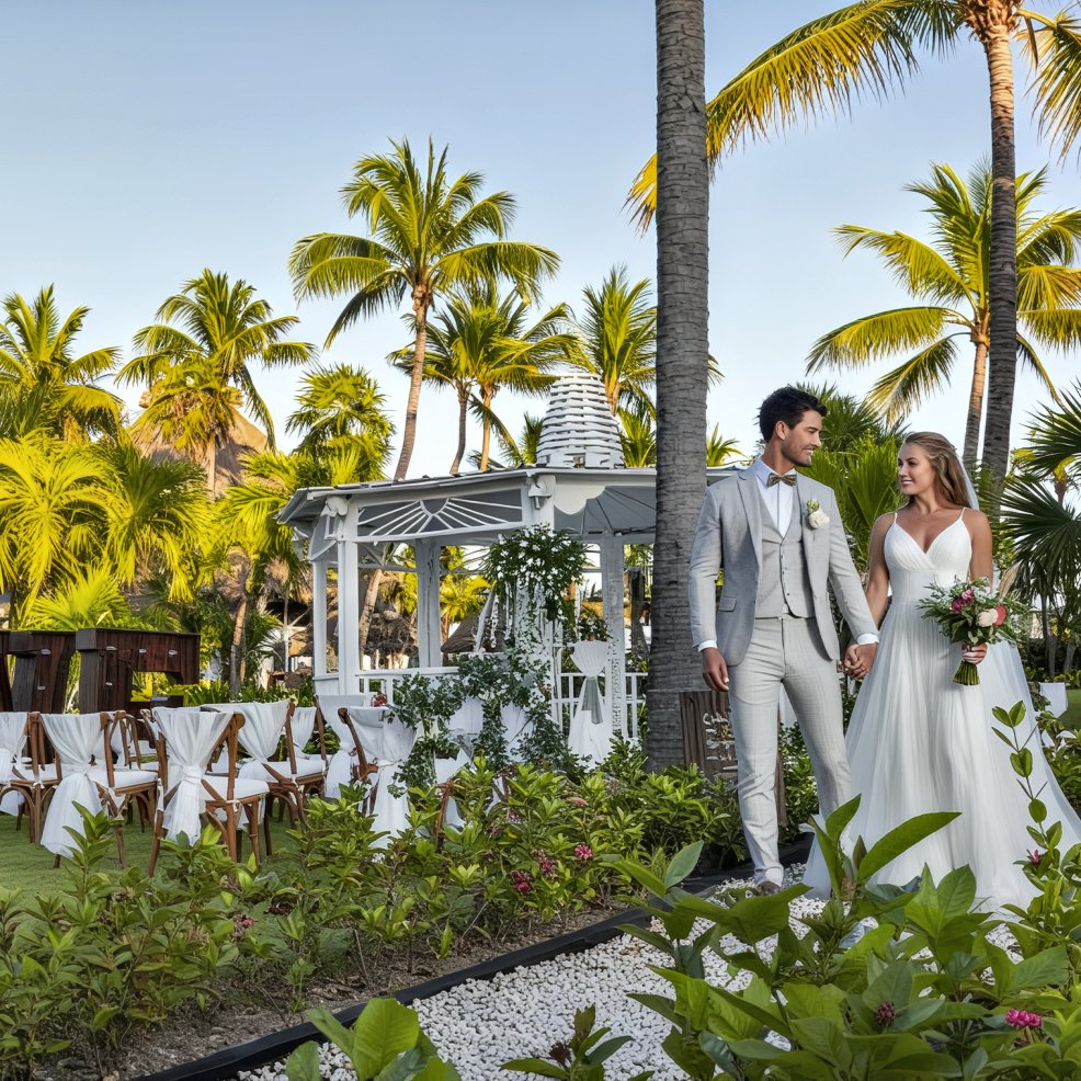 The bride and groom hold hands in a beautiful outdoor destination wedding setting, standing beneath a white gazebo surrounded by tropical scenery.