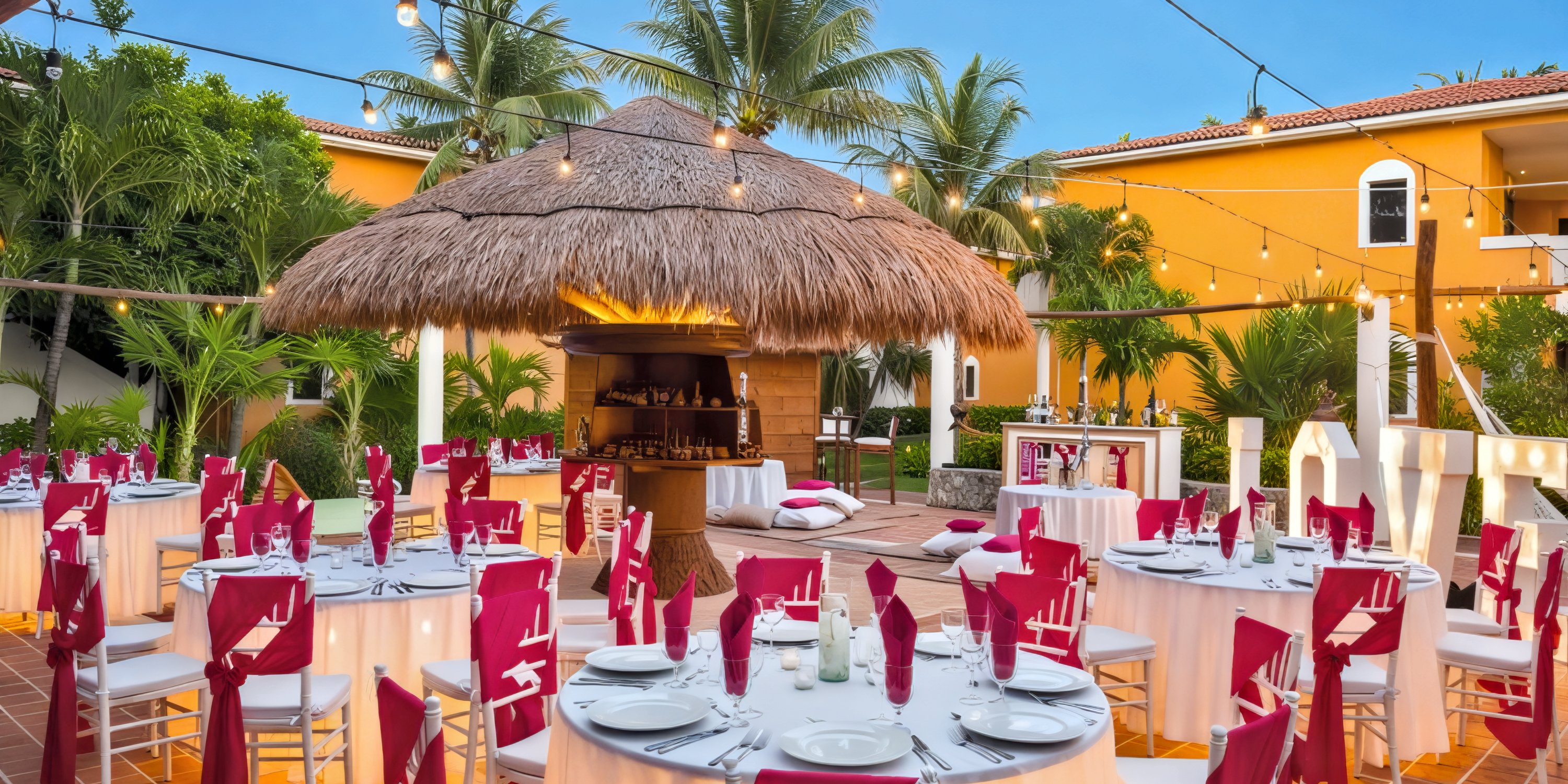 Experience a stunning destination wedding at Ocean Maya Royale, featuring an enchanting outdoor setting with round tables adorned with elegant red napkins. Celebrate under romantic string lights, with a stylish bar to complete your unforgettable wedding reception.