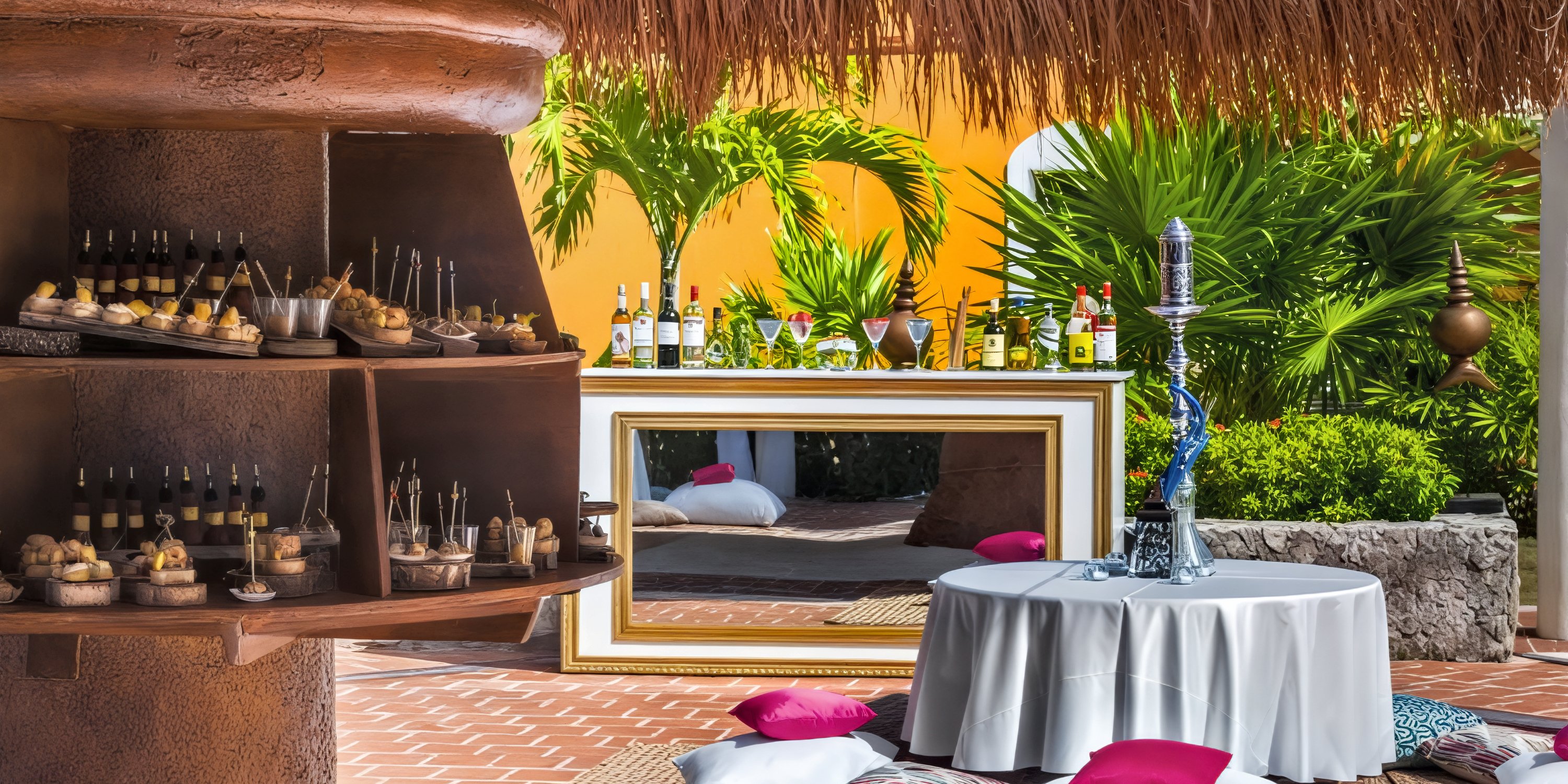 Ocean Maya Royale bar, perfect for a destination wedding, features assorted drinks, snacks displayed on shelves, and a hookah set atop a round table.