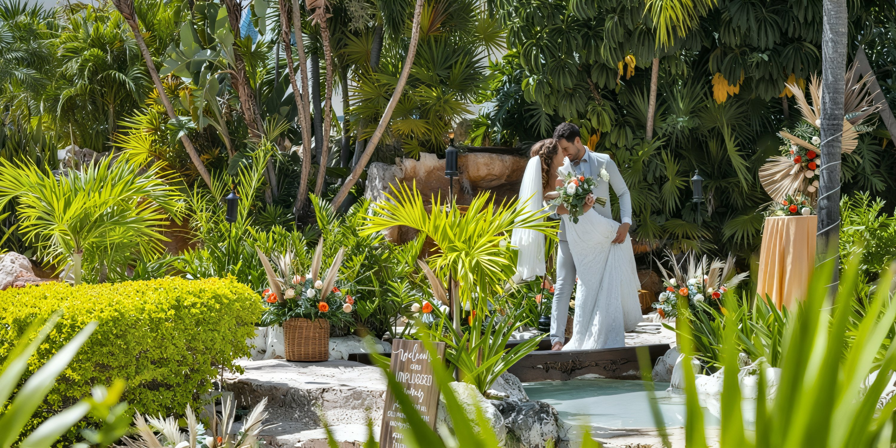 A bride and groom share a kiss during their destination wedding at Ocean Maya Royale, surrounded by the lush beauty of a tropical garden.