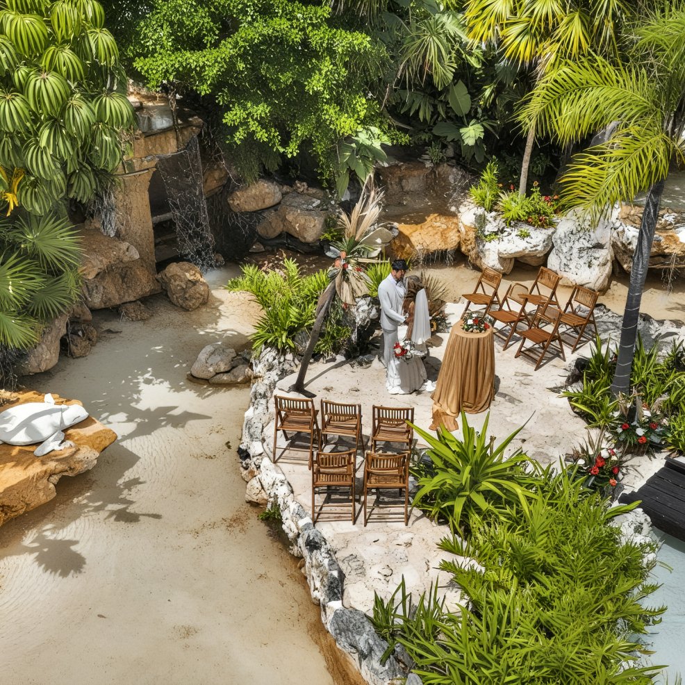 A man arranges flowers on a table in an outdoor garden filled with lush greenery and chairs, preparing the beautiful setting for a destination wedding.