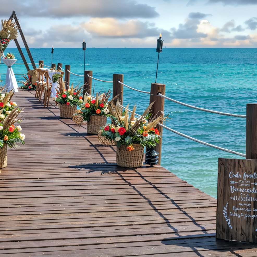 A beautiful destination wedding ceremony setup on a wooden pier stretching over sparkling turquoise ocean waters, adorned with elegant floral decorations.