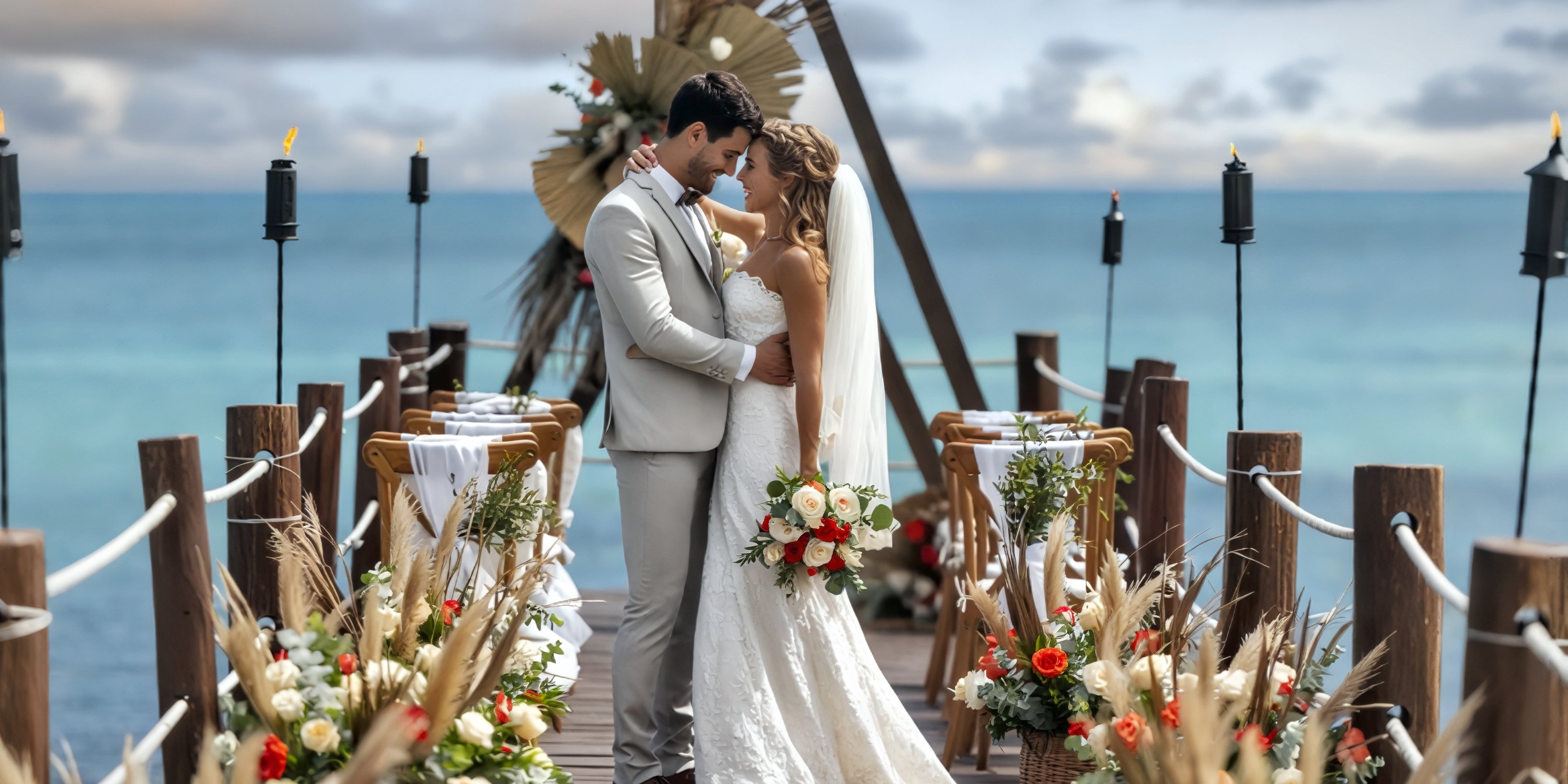 The bride and groom share an embrace on a beautifully decorated pier at Ocean Maya Royale, capturing a romantic moment during their destination wedding.
