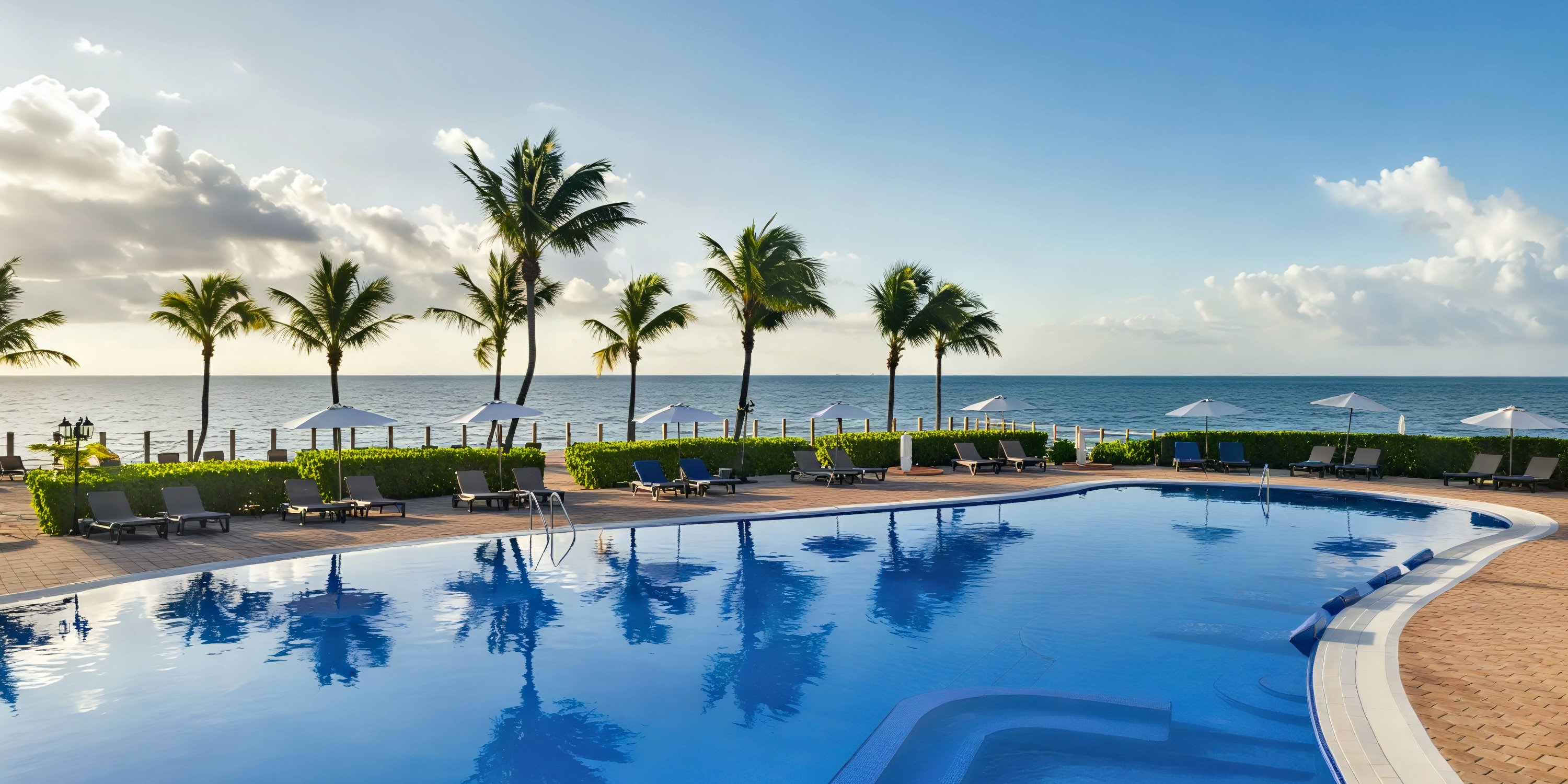 Ocean Coral and Turquesa: a stunning destination wedding venue featuring an outdoor pool surrounded by lounge chairs and palm trees, with breathtaking ocean views.