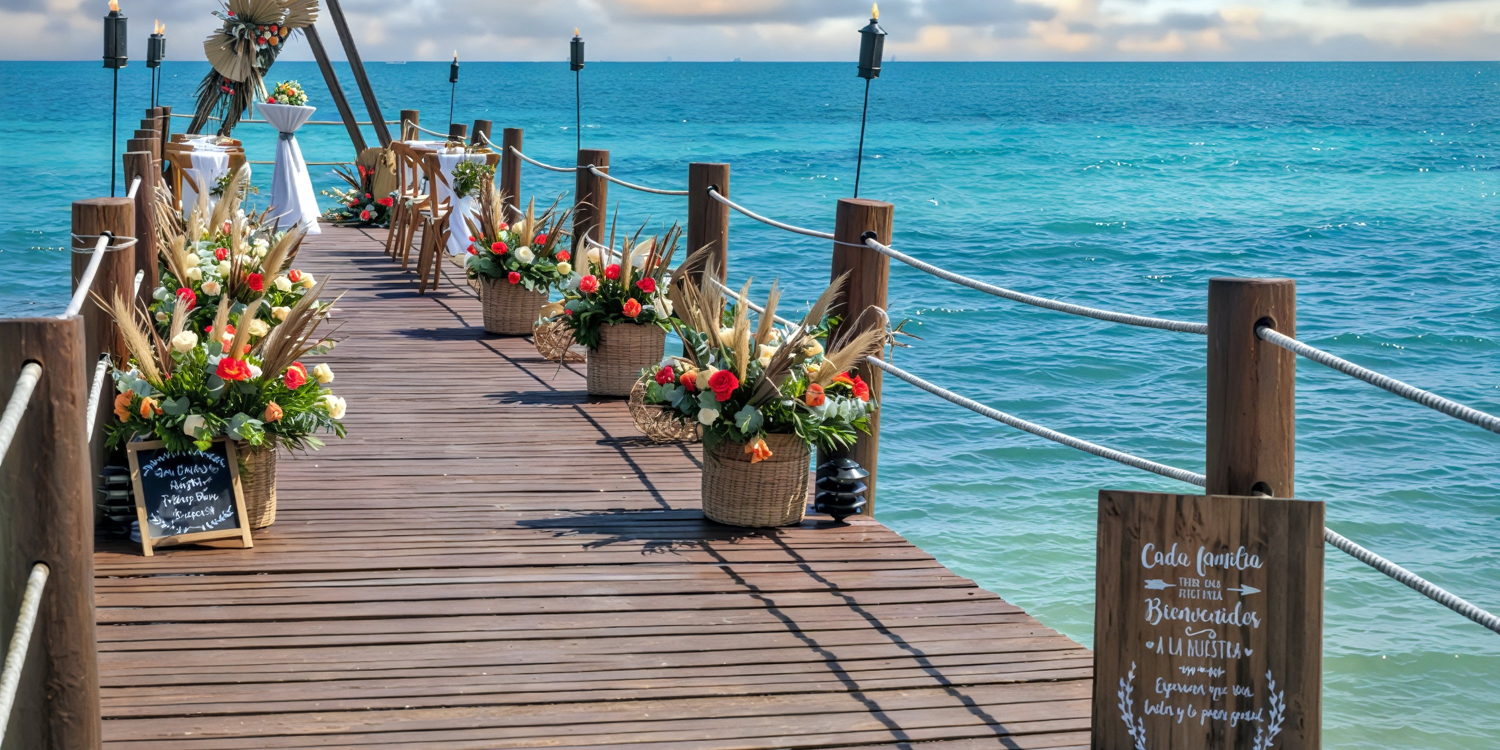 A wooden pier at Ocean Coral and Turquesa stretches out to the ocean under a partly cloudy sky, creating a perfect backdrop for a destination wedding.