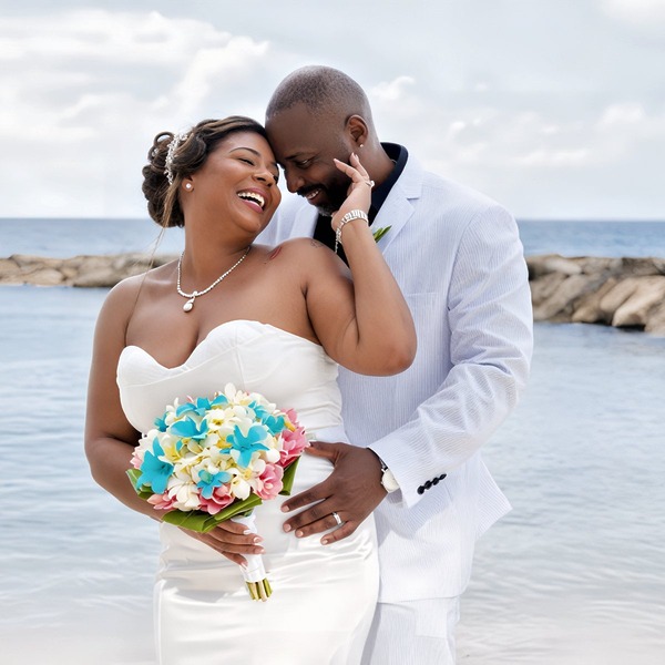 Kishan and Ericka share a joyful embrace on the beach during their destination wedding, smiling brightly with a vibrant bouquet in hand.