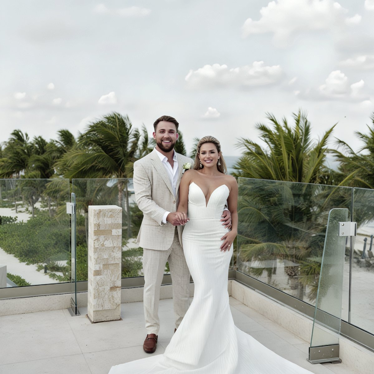 Brittiney and Franswa stand together on the terrace at their destination wedding, framed by swaying palm trees and a moody, cloud-filled sky.