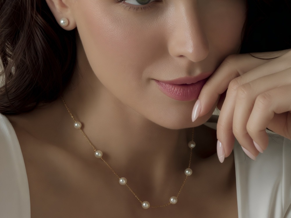 A woman wearing pearl earrings and a pearl necklace rests her chin on her hand, evoking the elegant style of a destination wedding.
