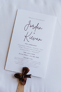 Jordan and Kievan destination wedding program with ceremony details, July 12th, 2025.