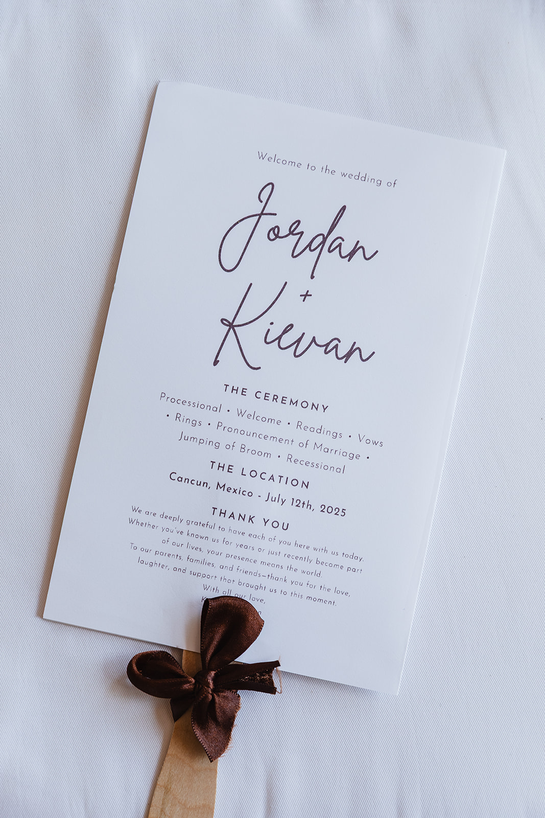 Jordan and Kievan destination wedding program with ceremony details, July 12th, 2025.