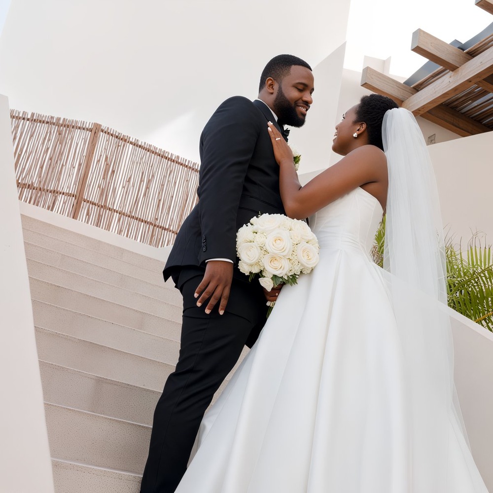 Saphire and Stephen stand on the stairs, smiling joyfully at their destination wedding while holding a bouquet of white roses.