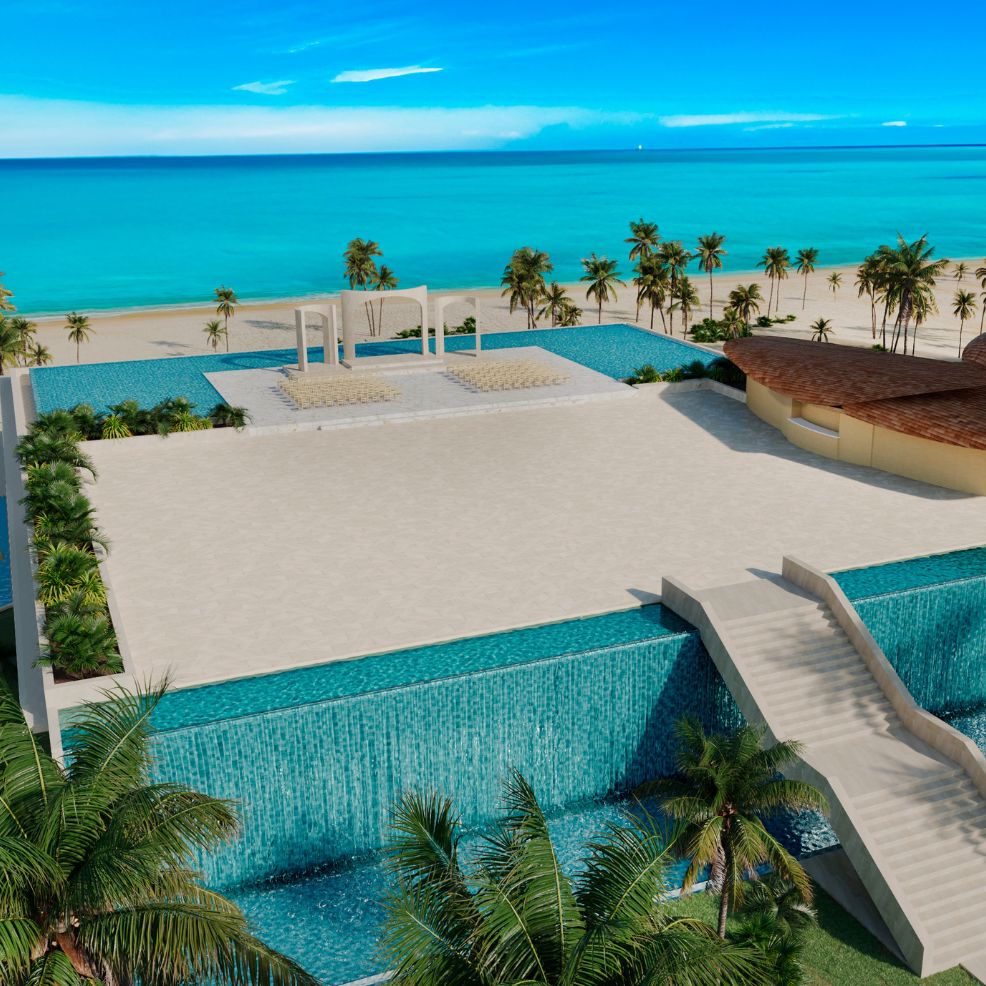 Scenic beachfront destination wedding venue with a spacious terrace, palm trees, and ocean views.