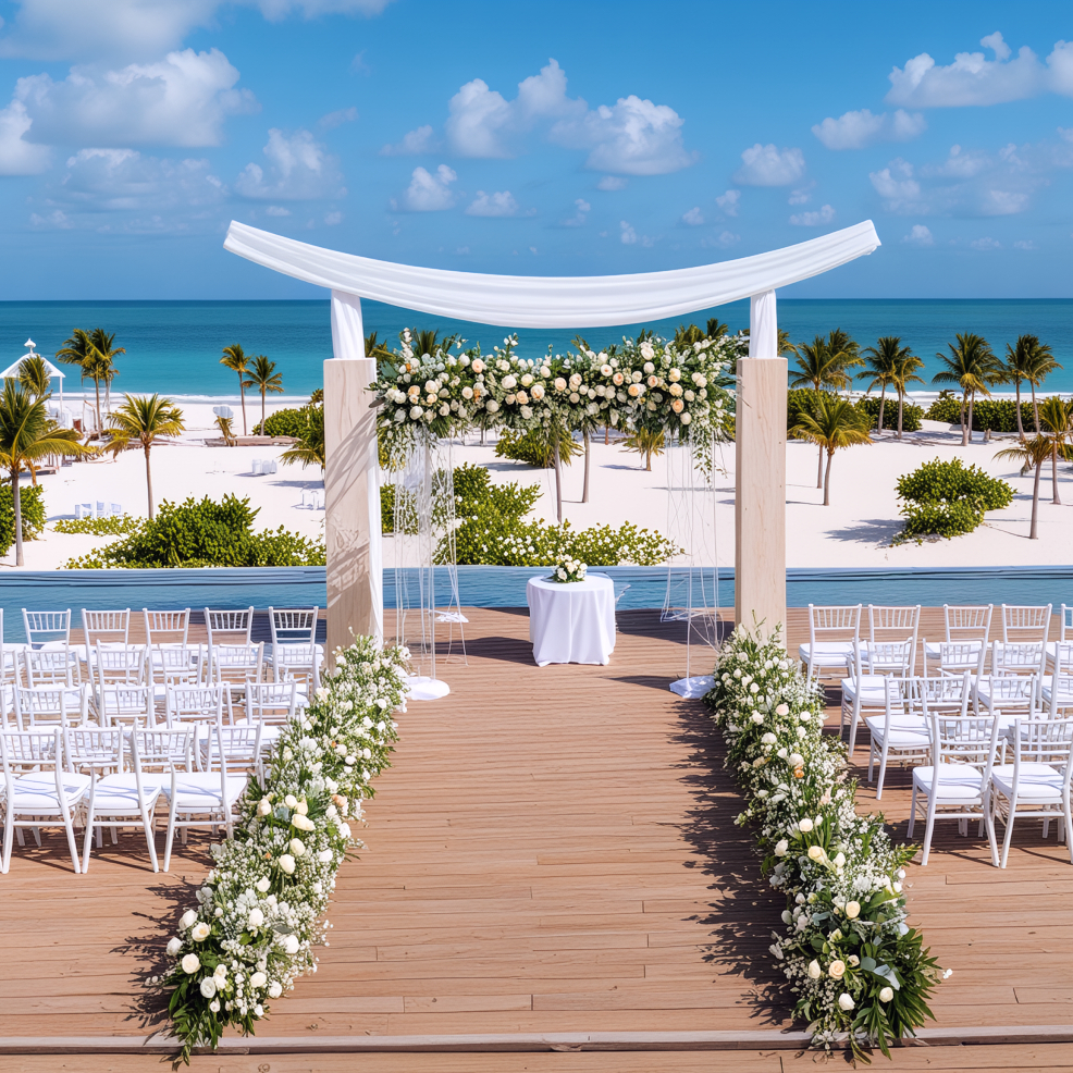 A stunning destination wedding ceremony setup featuring elegant white chairs, beautiful floral decorations, and a breathtaking ocean view.