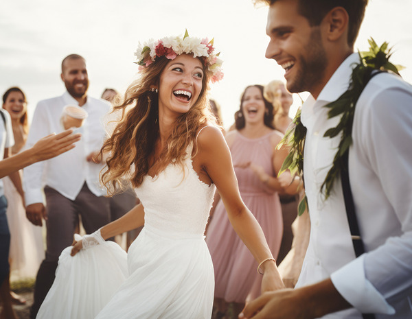 The bride and groom share a joyful dance at their destination wedding, smiling as guests celebrate in the background.